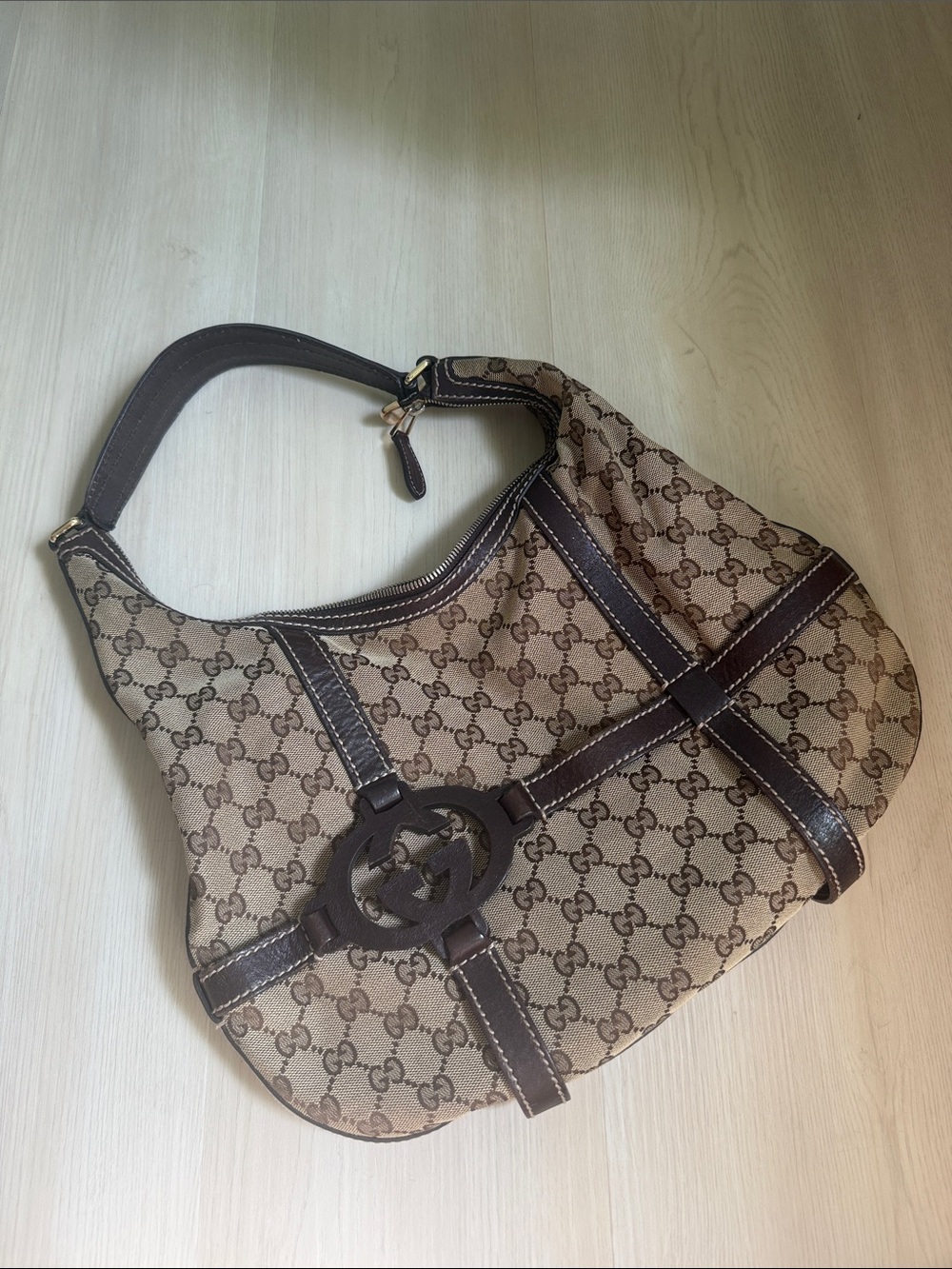 Gucci Brown Monogram Canvas Shoulder Bag with Dark Brown Trim